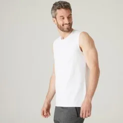 Camiseta Fitness Sin Mangas Cuello Redondo Algodón Hombre Domyos 500 Negro -tienda de equipos de fitness camiseta fitness sin mangas cuello redondo algodon hombre domyos 500 blanco