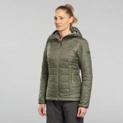 Chaqueta Acolchada Montaña Y Trekking Con Capucha Mujer Forclaz MT100 Negro -tienda de equipos de fitness chaqueta acolchada montaa y trekking con capucha mujer forclaz mt100 caqui